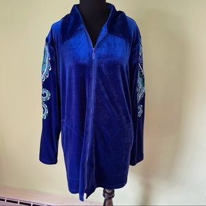 NWT BOB MACKIE BLUE VELVET PEACOCK EMBROIDERED SLEEVE ZIP JACKET SIZE XL 1X